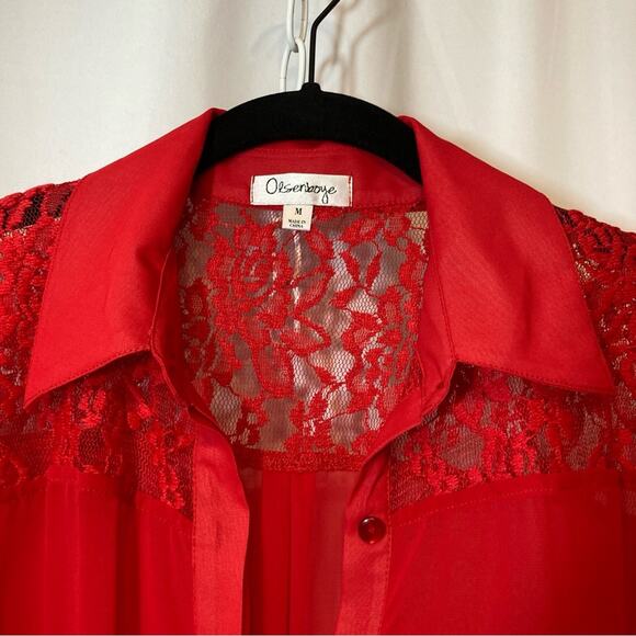 Olsenboye Red Lace Lightweight Button Up Blouse Top - Picture 3 of 11